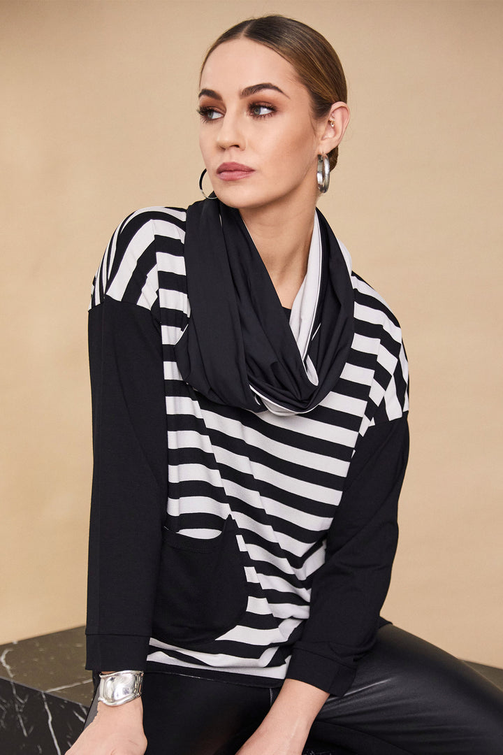 Naya NAW24-132 902 Black Off White Stripe Top - Rouge Boutique Inverness