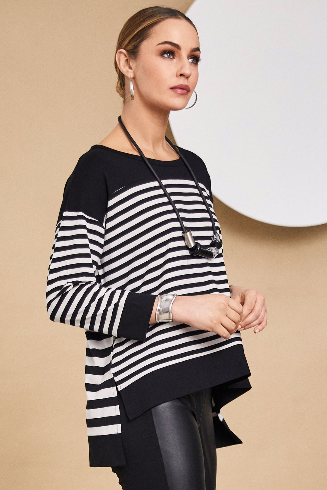 Naya NAW24-134 902 Black Off White Stripe Top - Rouge Boutique Inverness