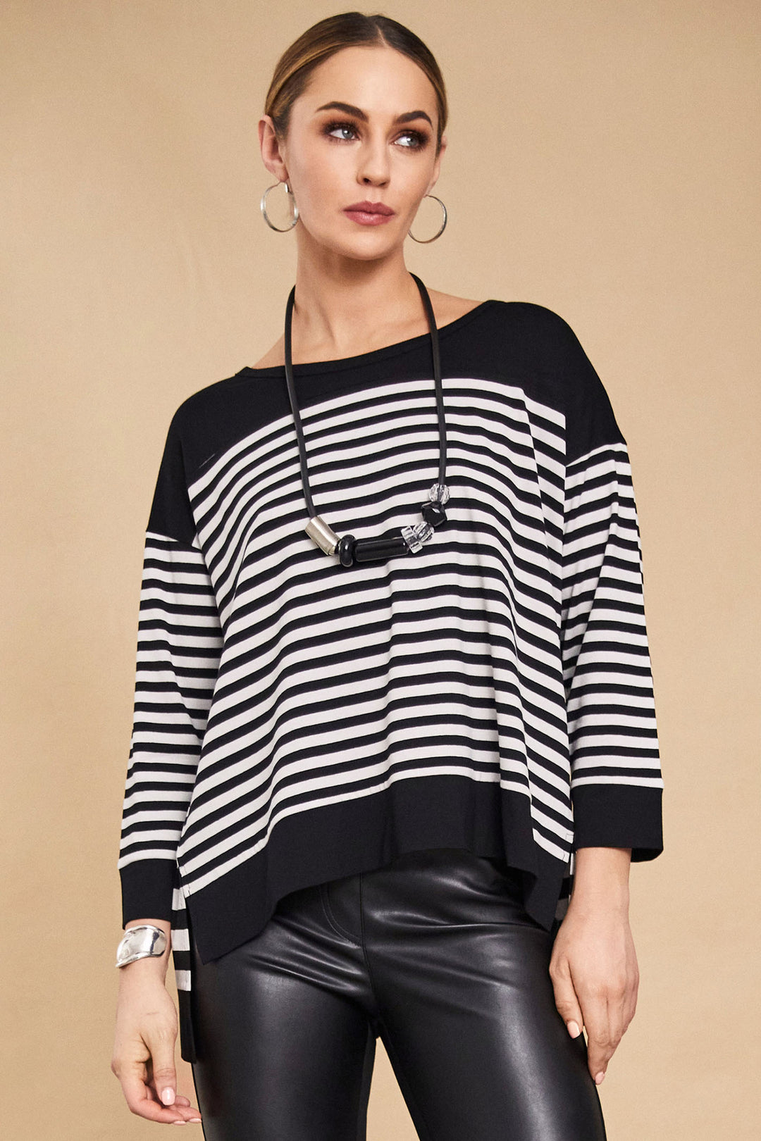 Naya NAW24-134 902 Black Off White Stripe Top - Rouge Boutique Inverness