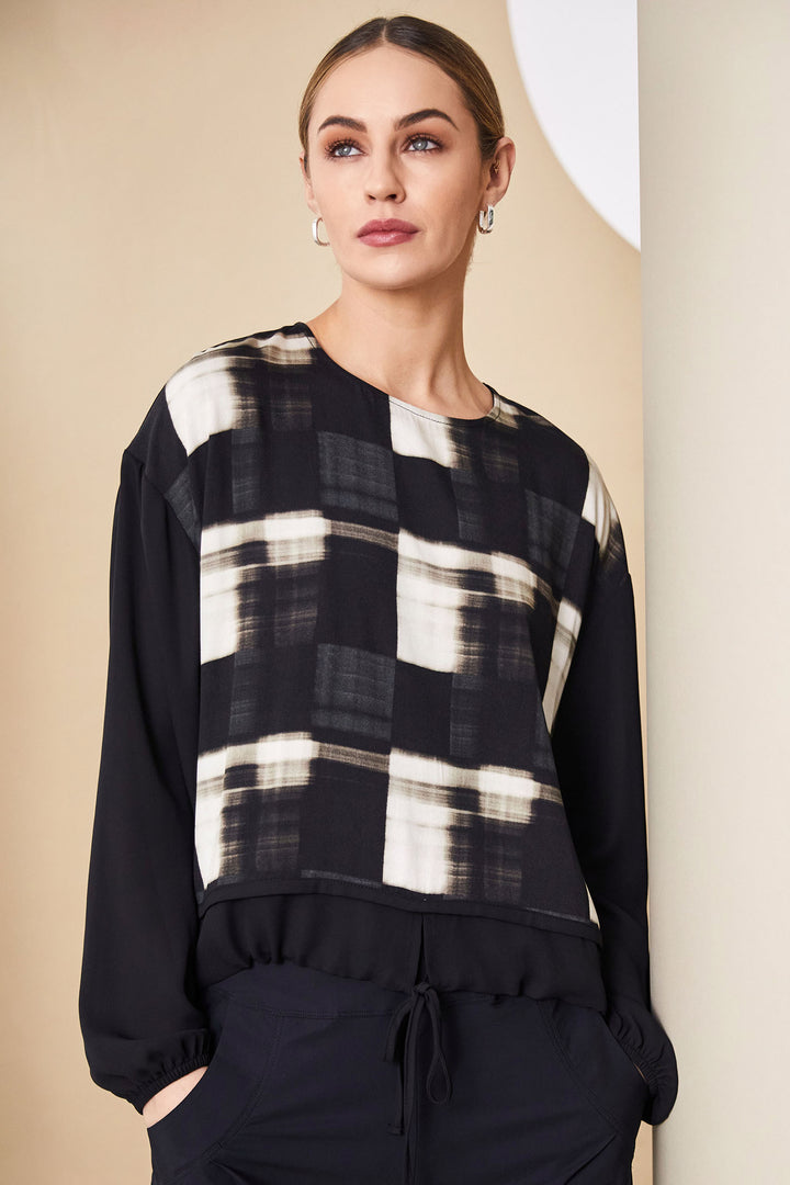 Naya NAW24-252 913 Check Print Top Black Cream - Rouge Boutique Inverness