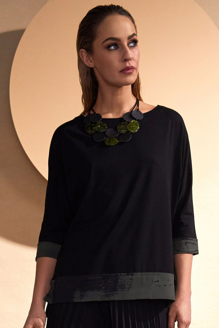 Naya NAW24-284 579 Print Trim Top Black Khaki - Rouge Boutique Inverness