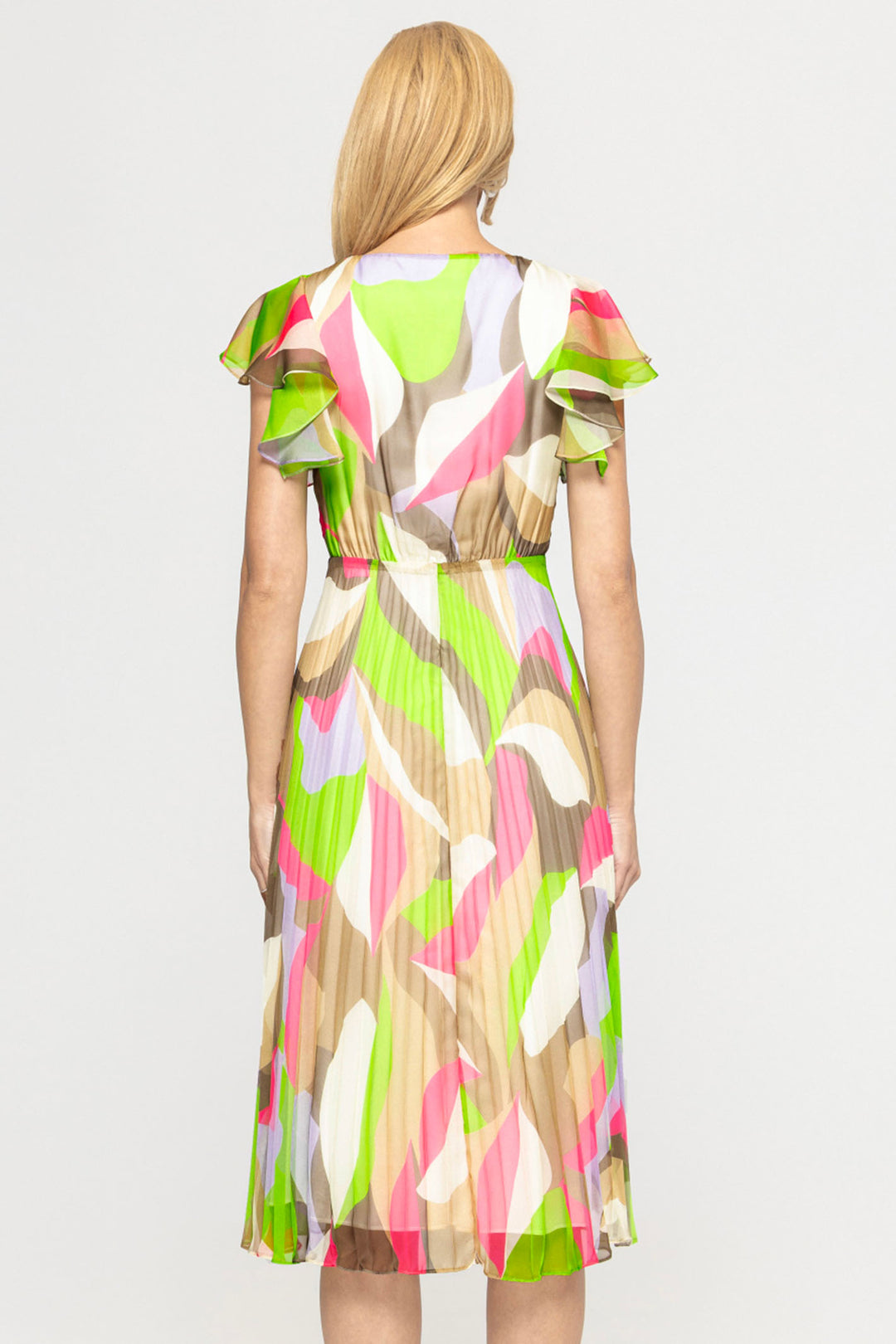 Nissa RZ14800R Lime Green Printed Pleated Midi Occasion Dress - Rouge Boutique Inverness