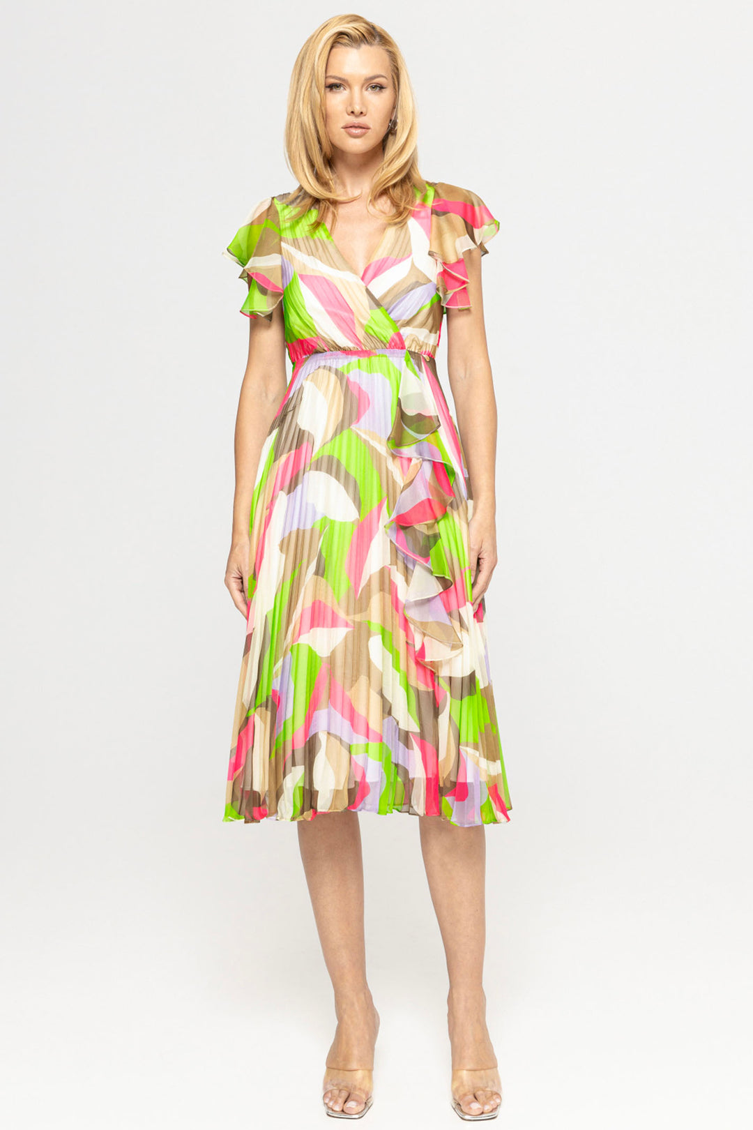 Nissa RZ14800R Lime Green Printed Pleated Midi Occasion Dress - Rouge Boutique Inverness