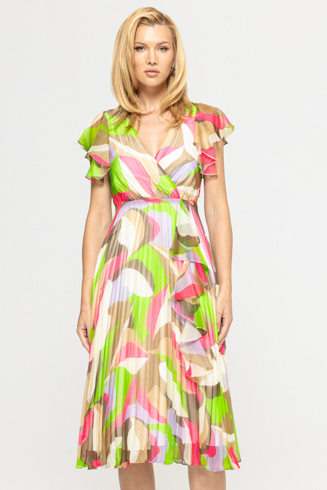 Nissa RZ14800R Lime Green Printed Pleated Midi Occasion Dress - Rouge Boutique Inverness