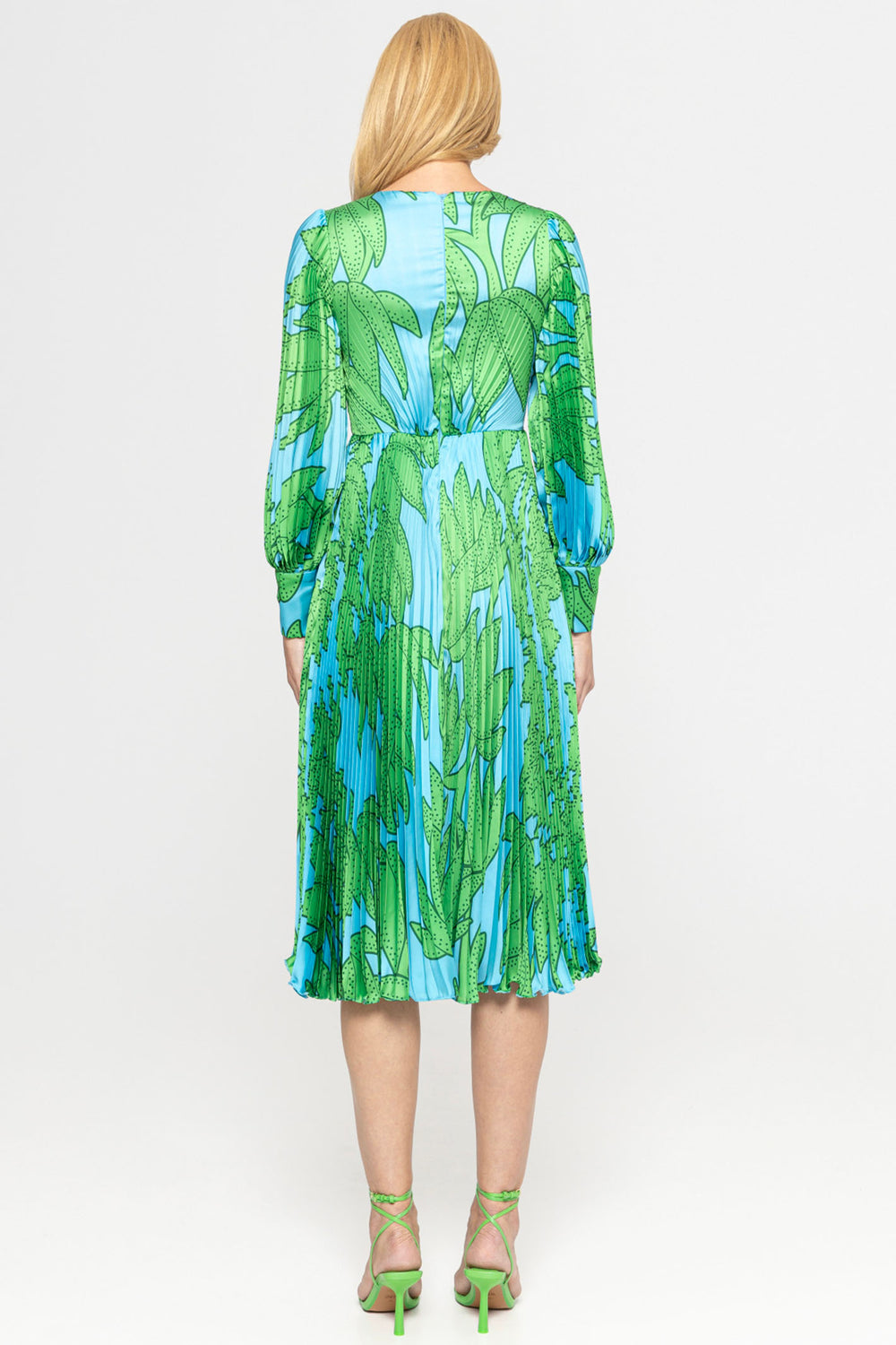 Nissa RZ14838 Blue Green Print Pleated Satin Midi Occasion Dress - Rouge Boutique Inverness