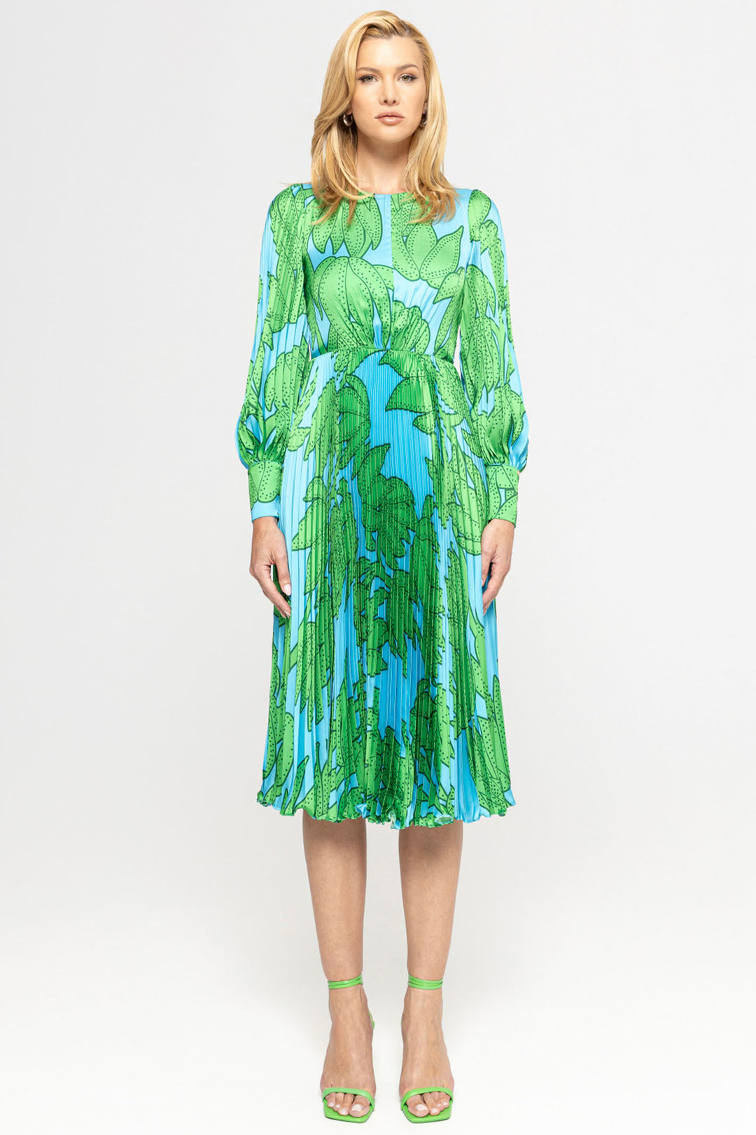 Nissa RZ14838 Blue Green Print Pleated Satin Midi Occasion Dress - Rouge Boutique Inverness