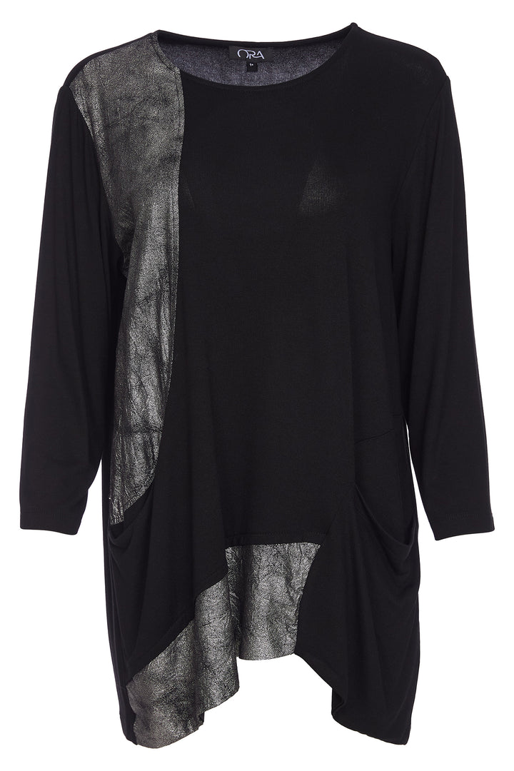 Ora ORW25114 Black Metallic Panel Knitted Tunic Top 908