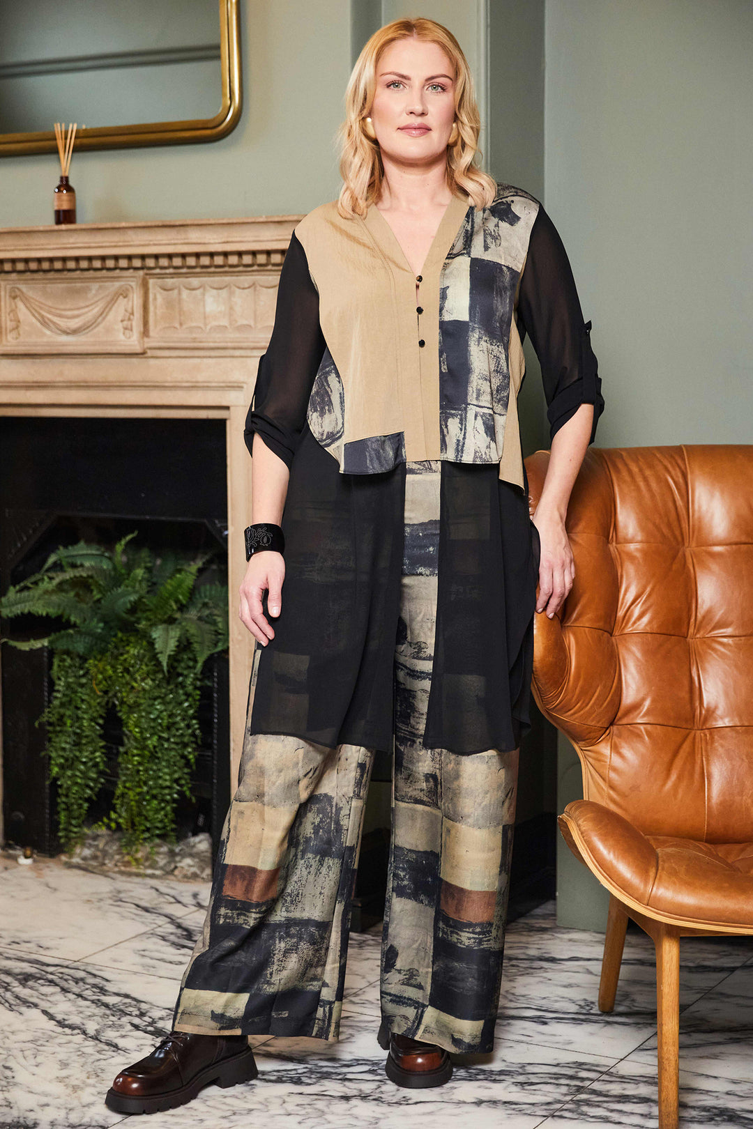 Ora ORW25119 Black Beige Chiffon Base Long Shirt Jacket 23