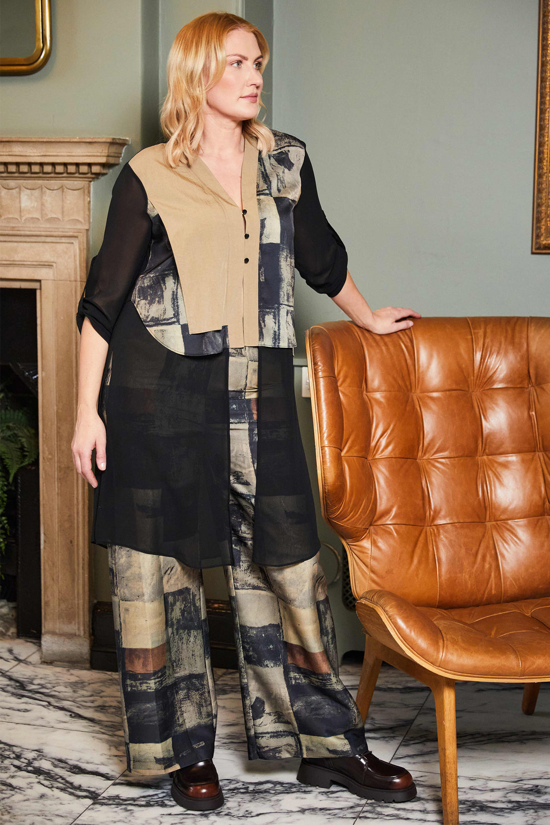 Ora ORW25119 Black Beige Chiffon Base Long Shirt Jacket 23