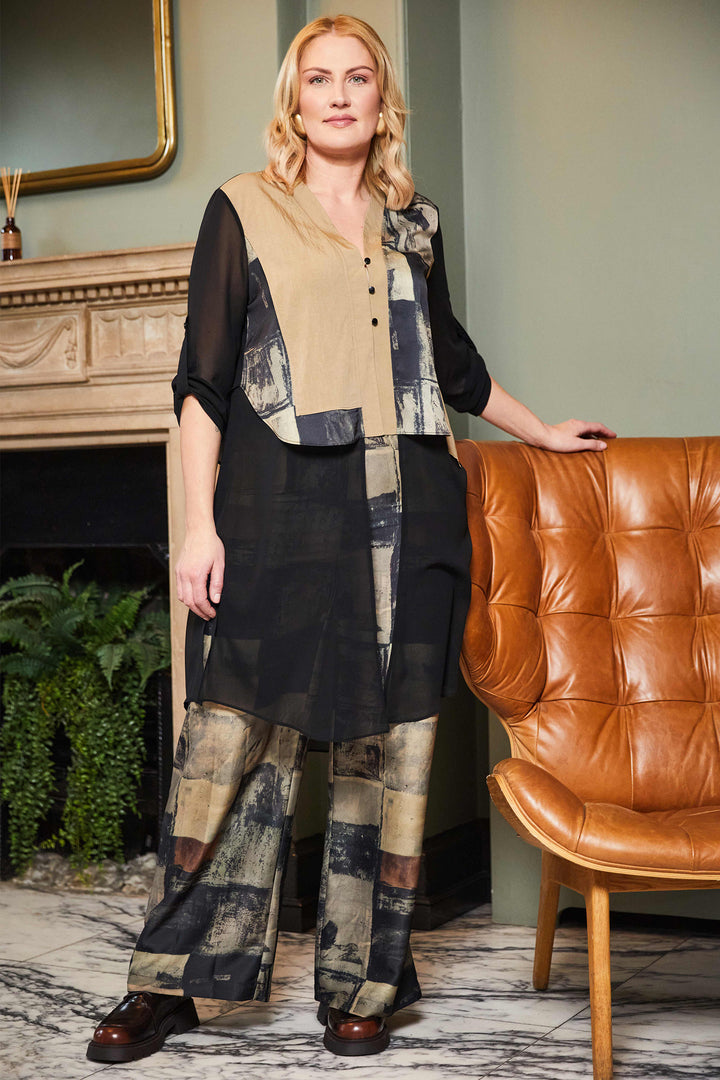 Ora ORW25119 Black Beige Chiffon Base Long Shirt Jacket 23
