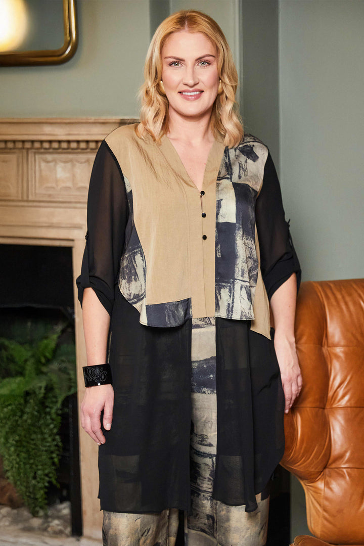 Ora ORW25119 Black Beige Chiffon Base Long Shirt Jacket 23