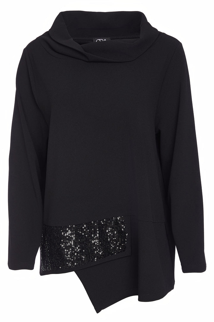 Ora ORW25129 Black Roll Collar Sequin Panel Asymmetric Tunic Top