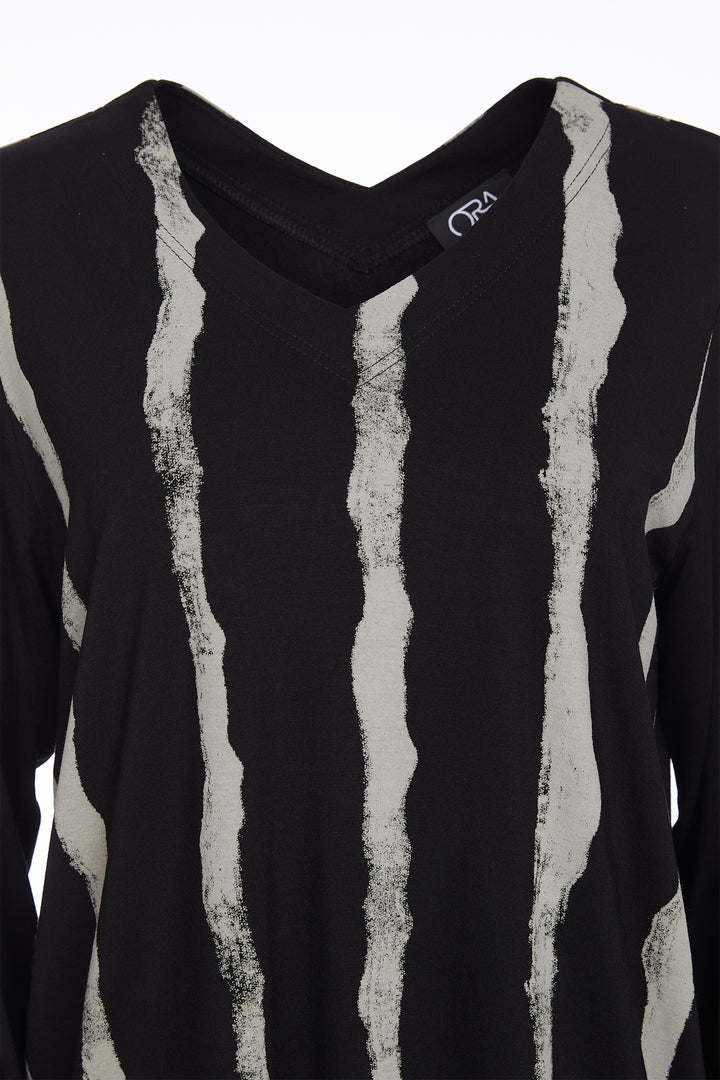 Ora ORW25131 Black Blurred Lines V-Neck Asymmetric Hem Top 977