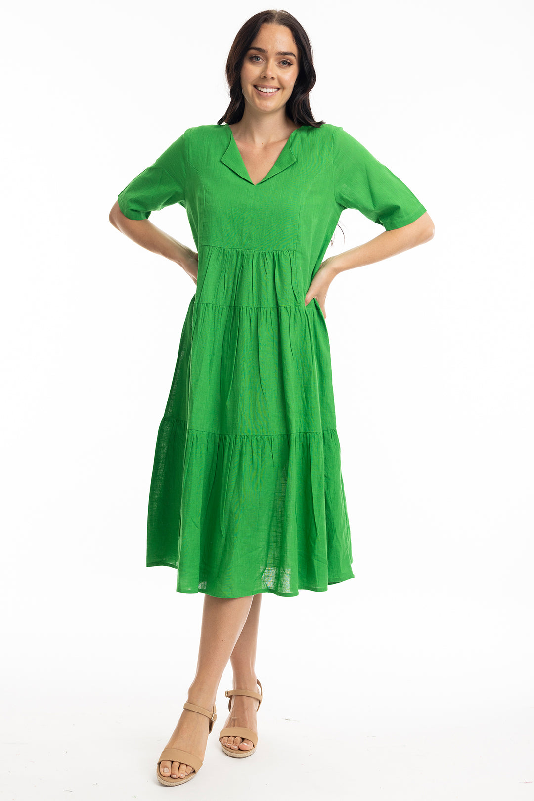 Orientique 51897 Green Parakeet Short Sleeved Midi Dress - Rouge Boutique Inverness