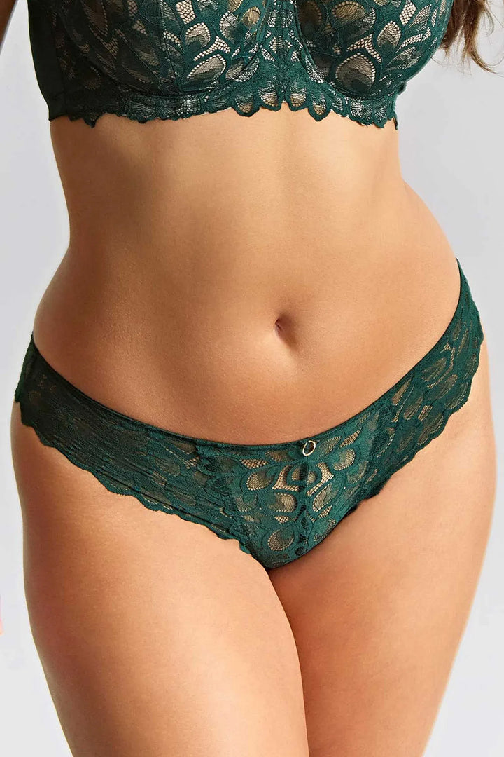 Green lace lingerie set on a neutral background