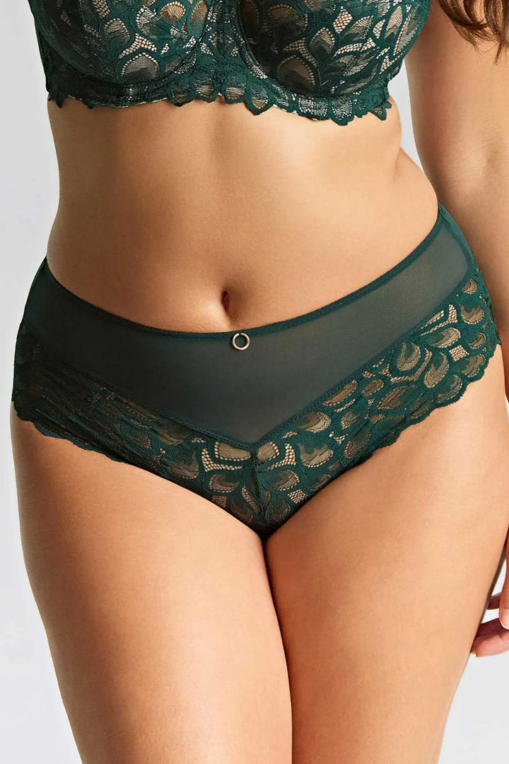 Green lace lingerie set on a neutral background