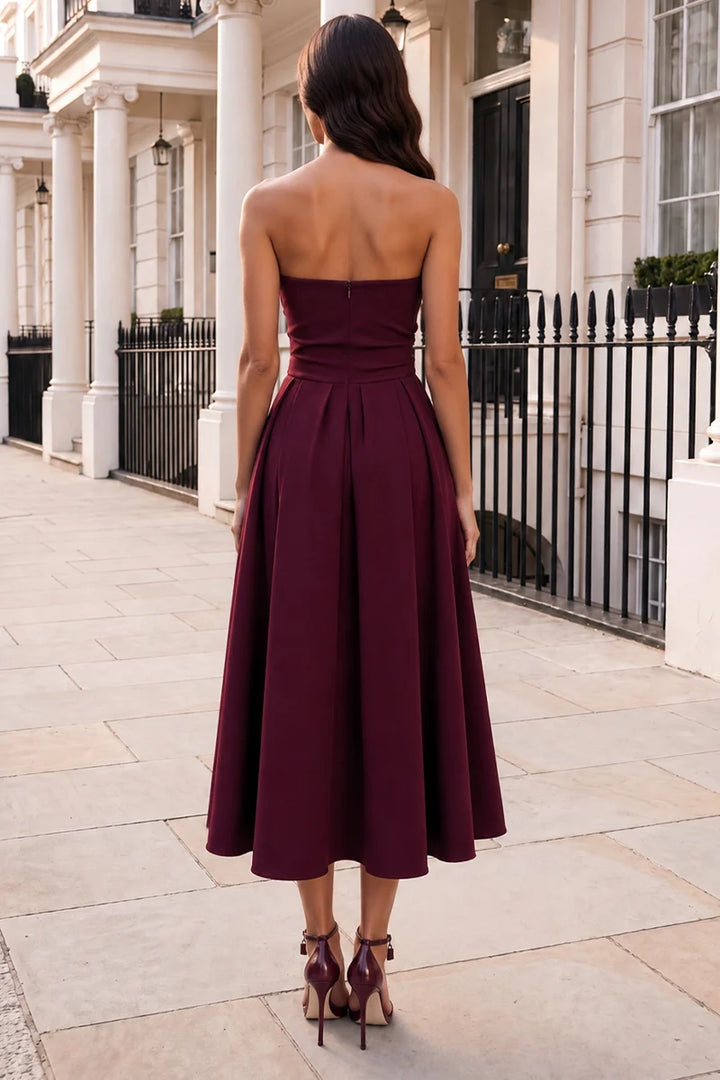 Romy Wine Strapless Midi Dress
