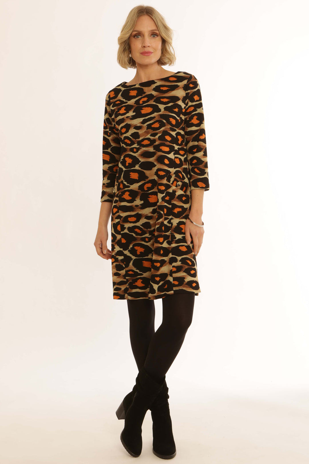 Pomodoro 12456 Orange Cheetah Print Wide Neck Dress - Rouge Boutique Inverness