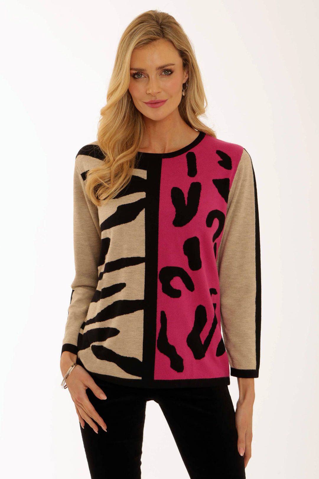 Pomodoro 12557 Animal Mix Jumper Fuchsia Pink - Rouge Boutique