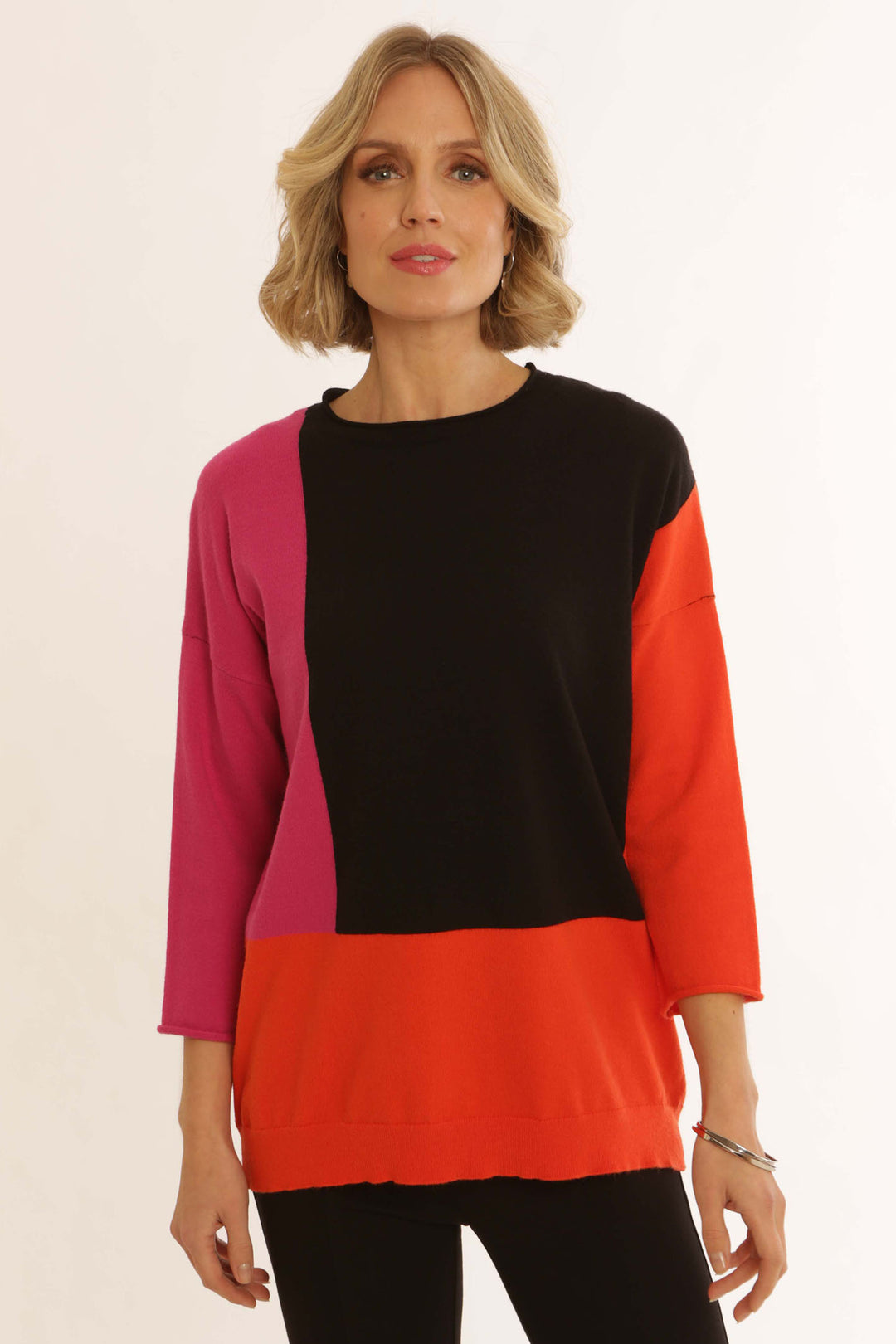 Pomodoro 32454 Lipstick Pink Clashing Block Tunic Jumper - Rouge Boutique Inverness