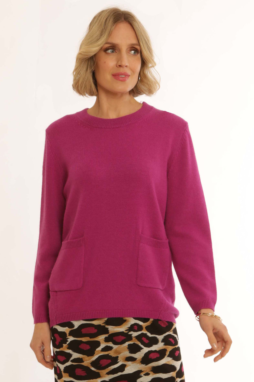 Pomodoro 42451 Magenta Pink Two Pocket Round Neck Jumper - Rouge Boutique Inverness