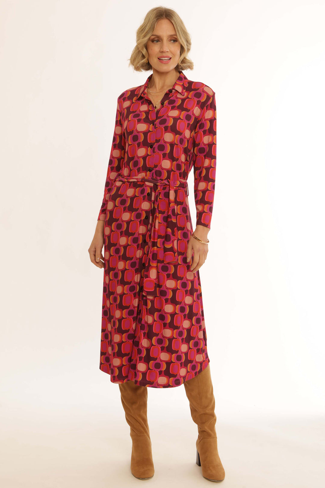 Pomodoro 52454 Pink Geometric Print Shirt Dress - Rouge Boutique Inverness