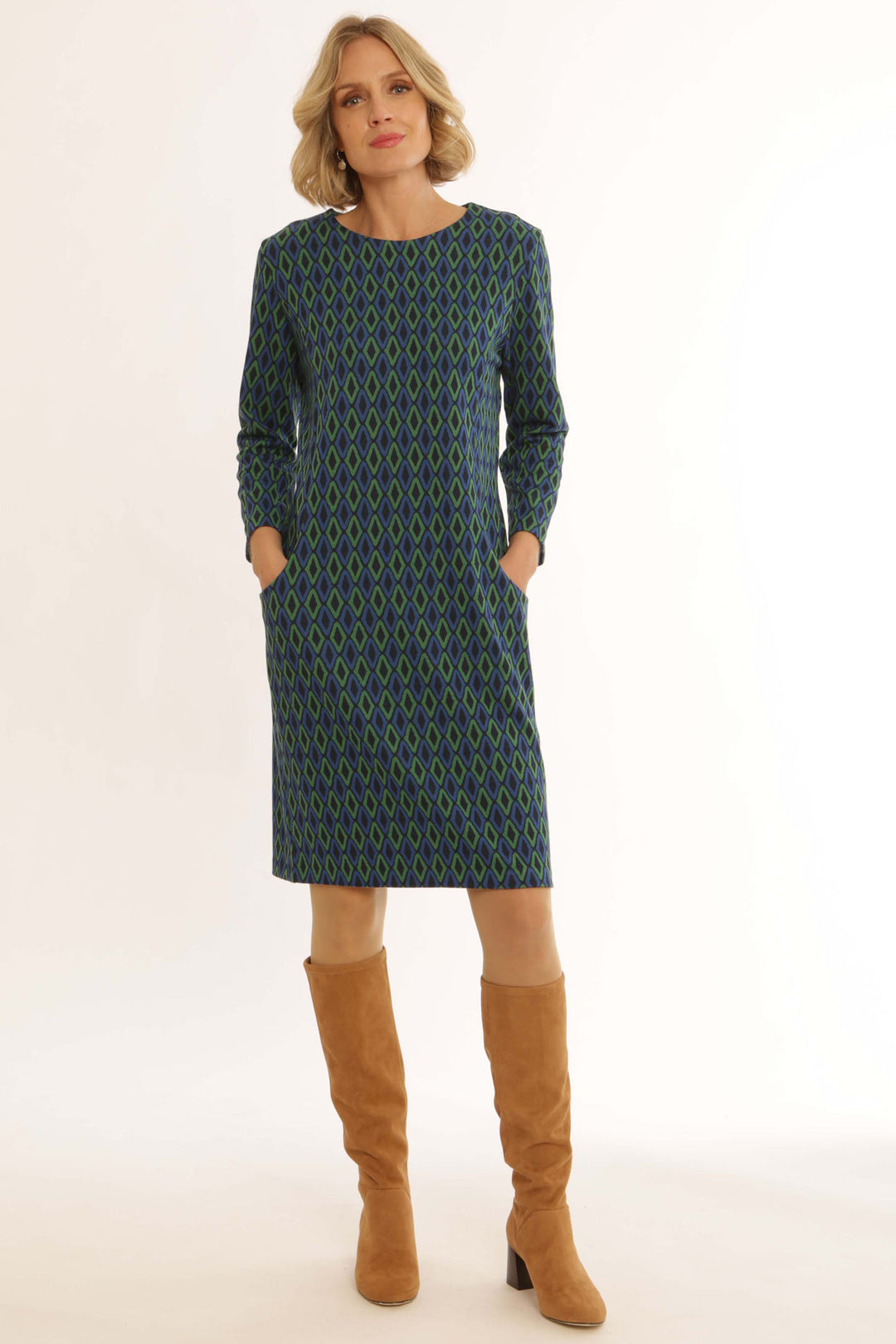 Pomodoro 52457 Blue Diamond Jacquard Print Dress With Pockets - Rouge Boutique Inverness