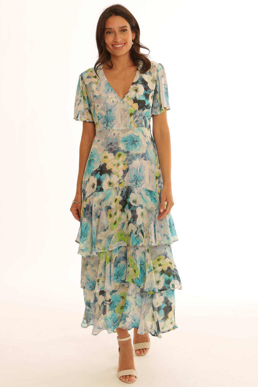 Pomodoro 82501 Turquoise Watercolour Maxi Dress - Rouge Boutique