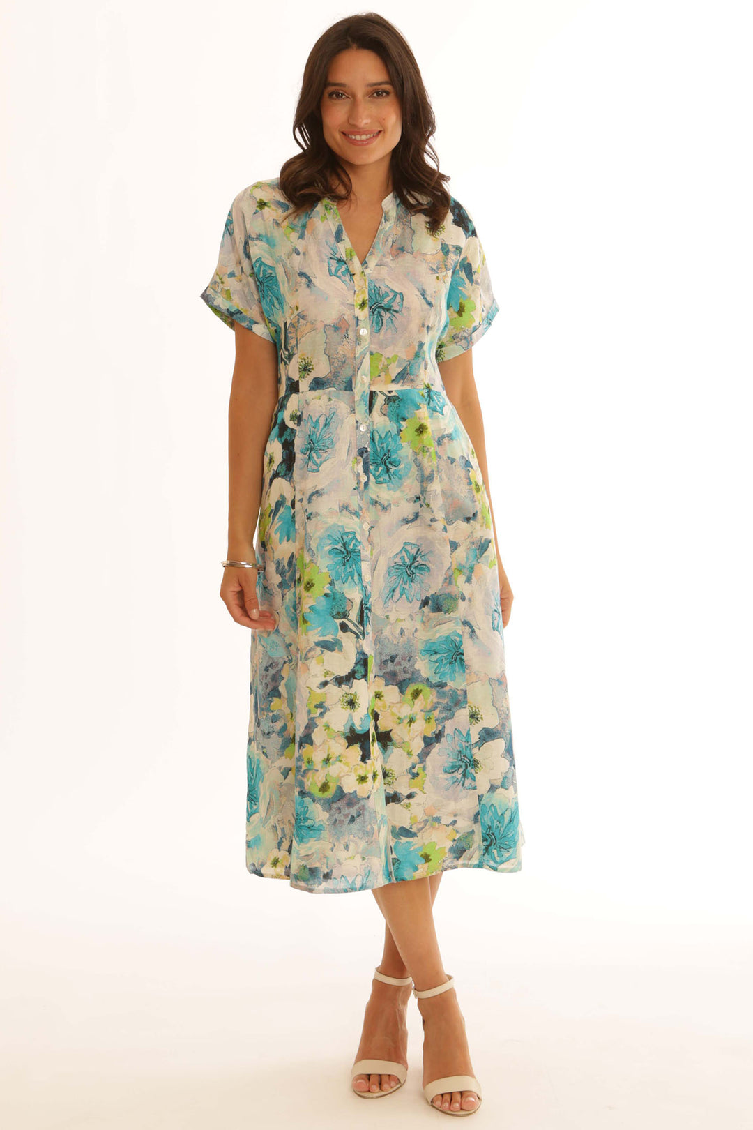 Pomodoro 82503 Turquoise Watercolour Shirt Dress - Rouge Boutique