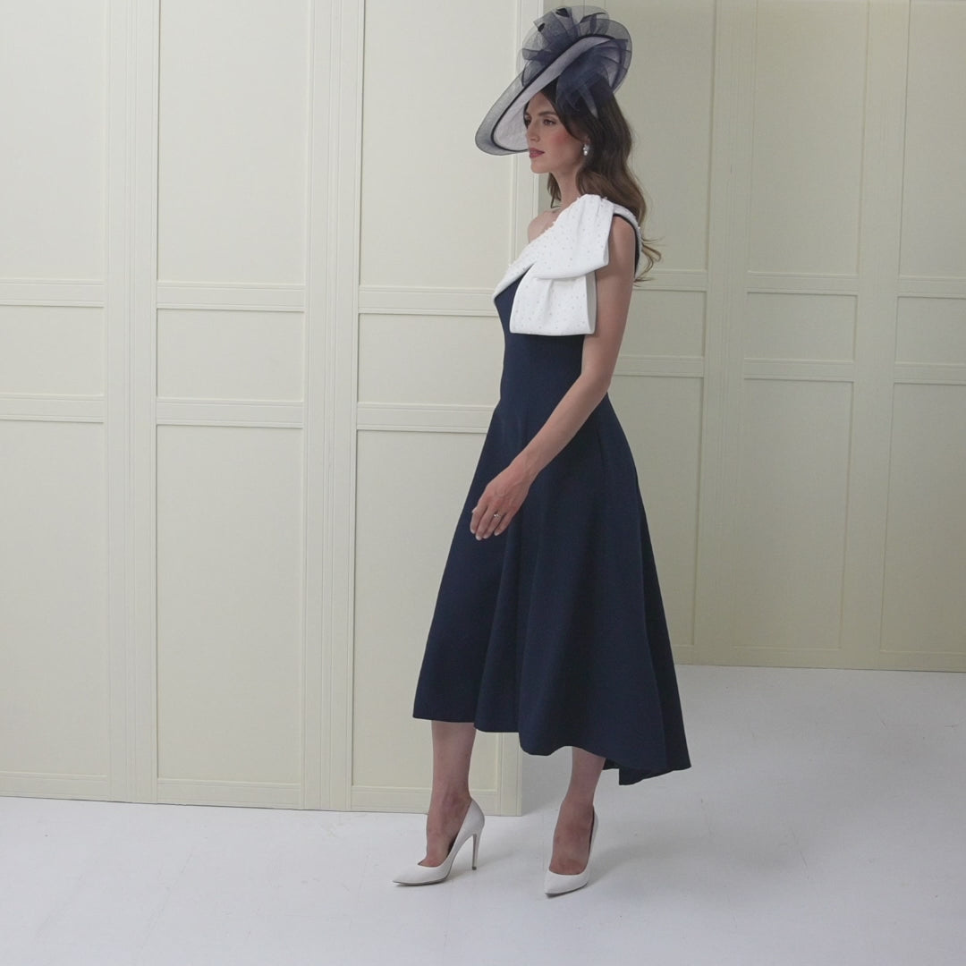 John Charles 29128 Fit and Flare One Shoulder Dress in Crepe Navy And Ivory - Rouge Boutique Inverness