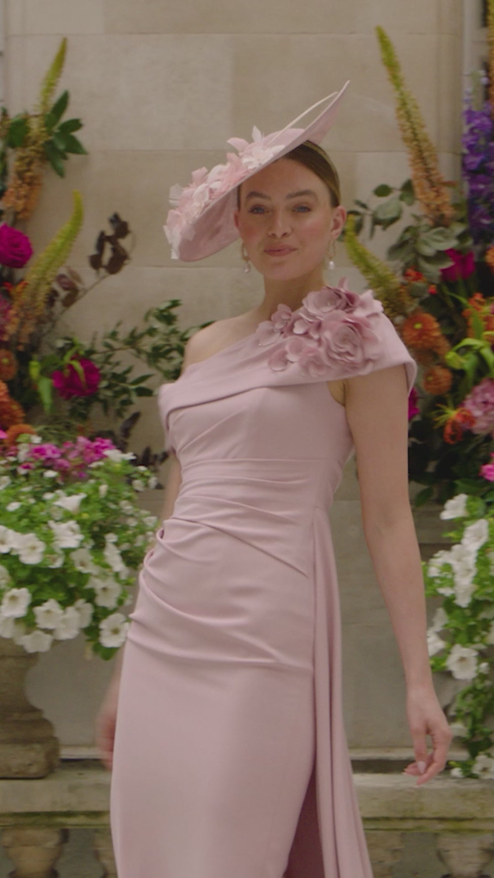 John Charles 29239 Rose Pink One Shoulder Overskirt Midi Occasion Dress - Rouge Boutique Inverness