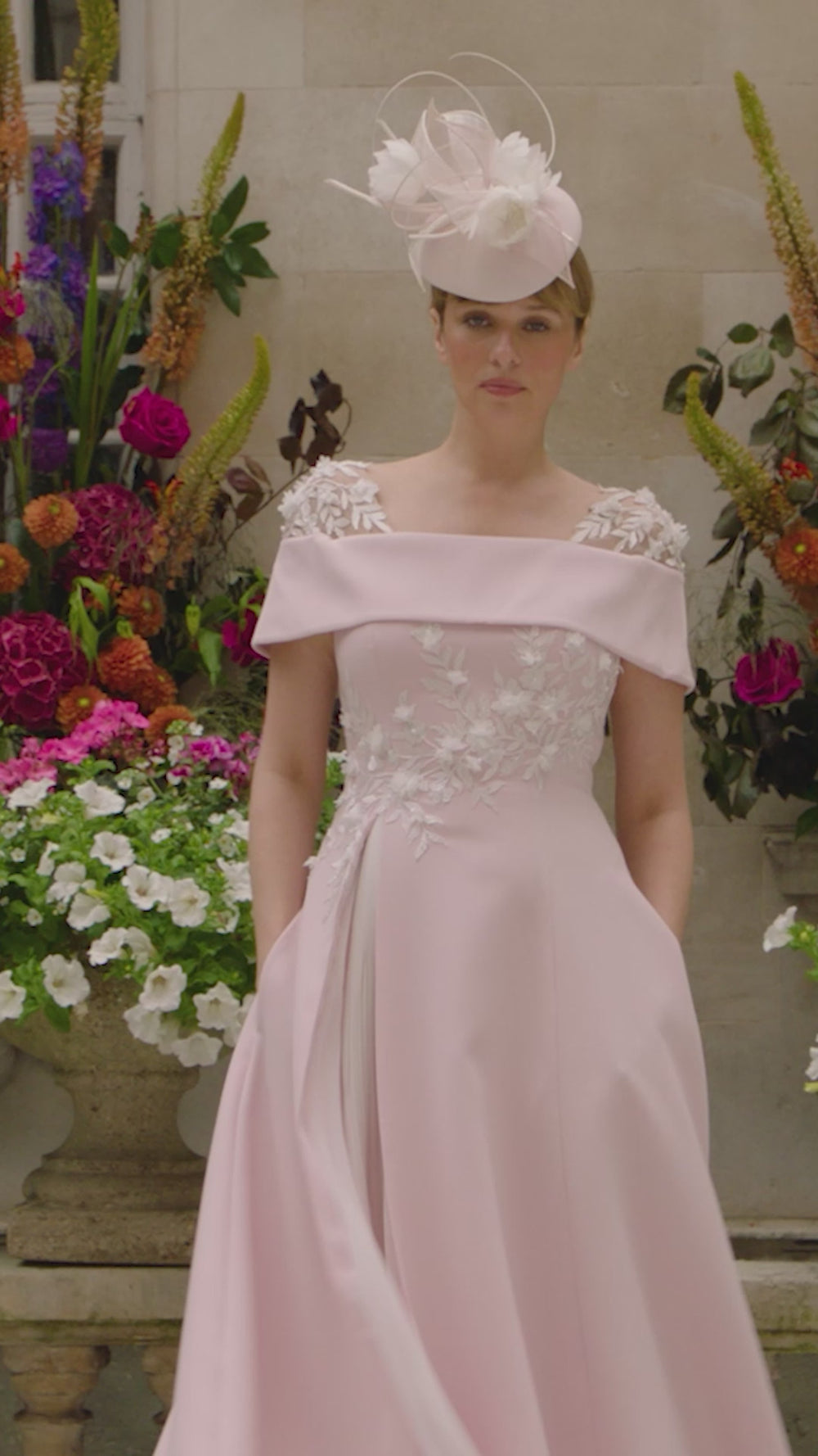 John Charles 66625 Petal Pink Ivory Bardot A-Line Occasion Dress - Rouge Boutique Inverness