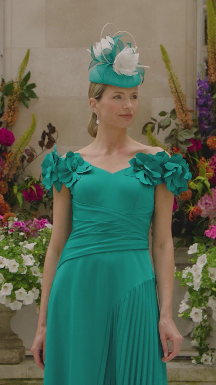 John Charles 66632B Peacock Green Off The Shoulder A-Line Occasion Dress - Rouge Boutique Inverness