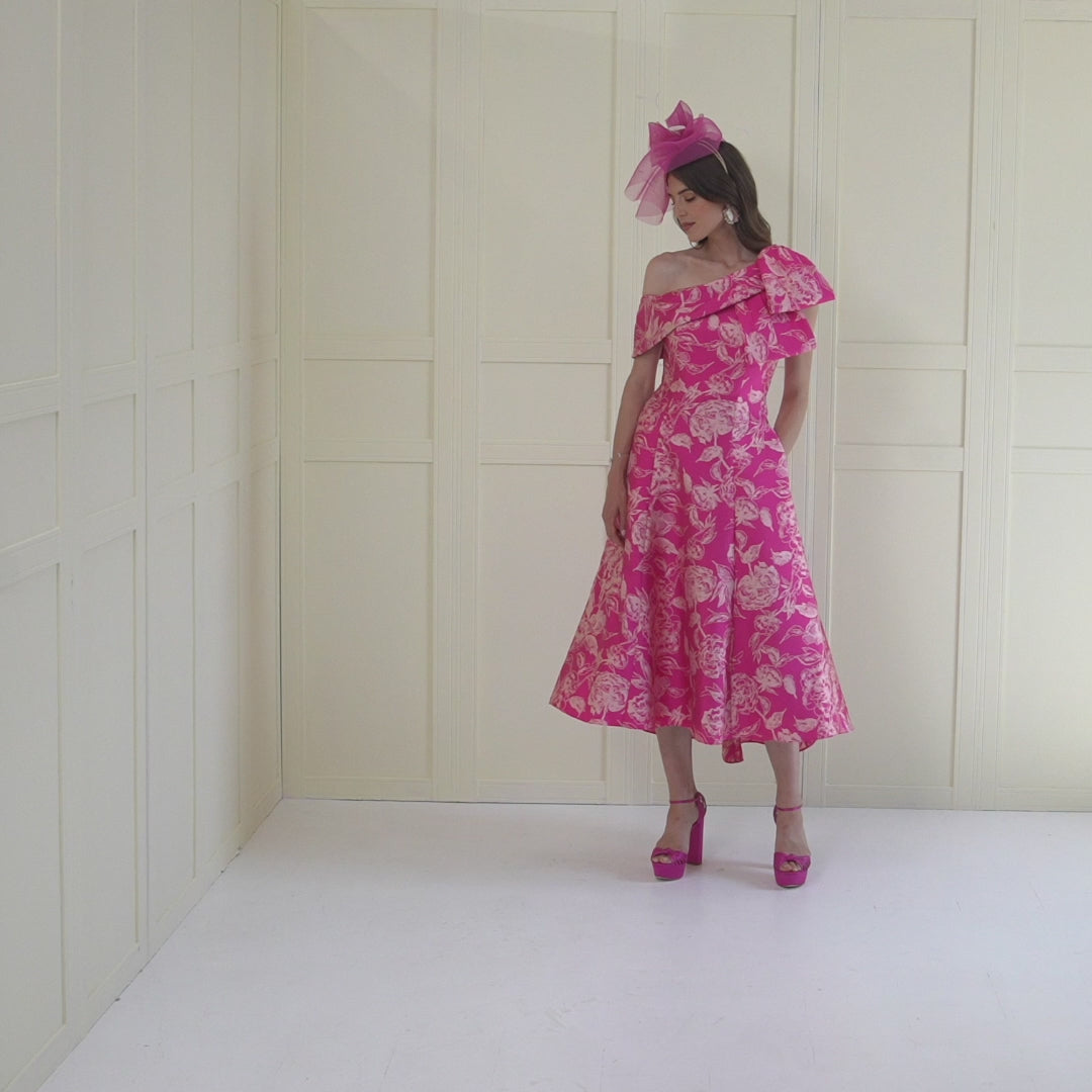 John Charles 29142 Fit and Flare Jacquard Dress with Bow Detail in Flamingo Pink - Rouge Boutique Inverness