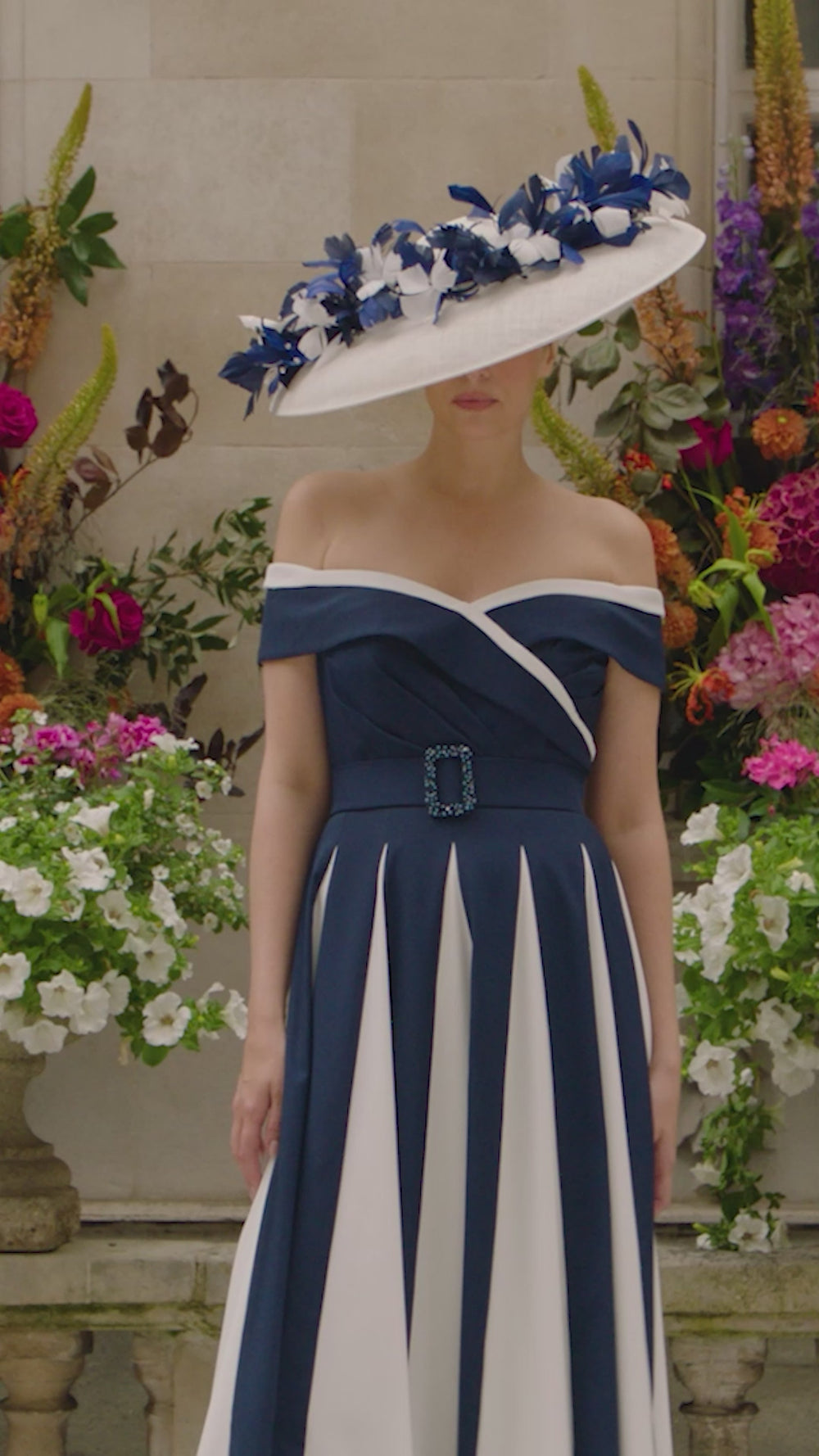 John Charles 29204 Navy Ivory Contrast Panel A-Line Bardot Occasion Dress - Rouge Boutique Inverness