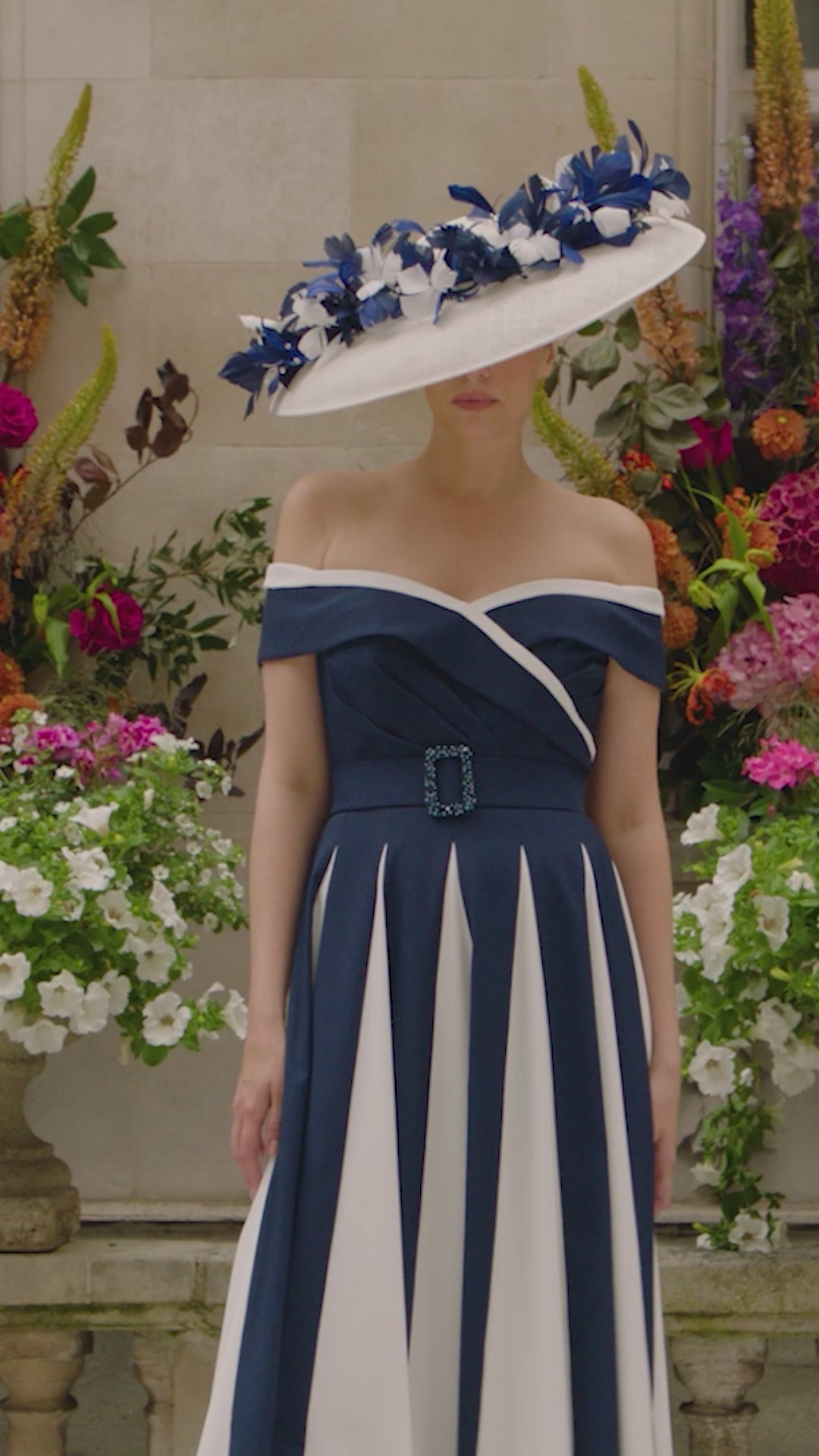 John Charles 29204 Navy Ivory Contrast Panel A-Line Bardot Occasion Dress - Rouge Boutique Inverness