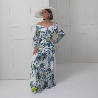 John Charles 29145 Chiffon Bardot Full Length Lime and Navy Printed Sleeved Dress - Rouge Boutique Inverness