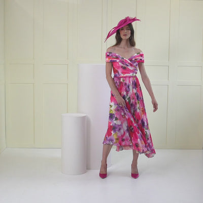 John Charles 66510B Bardot Summer Printed Chiffon Dress with Plisse Skirt - Rouge Boutique Inverness