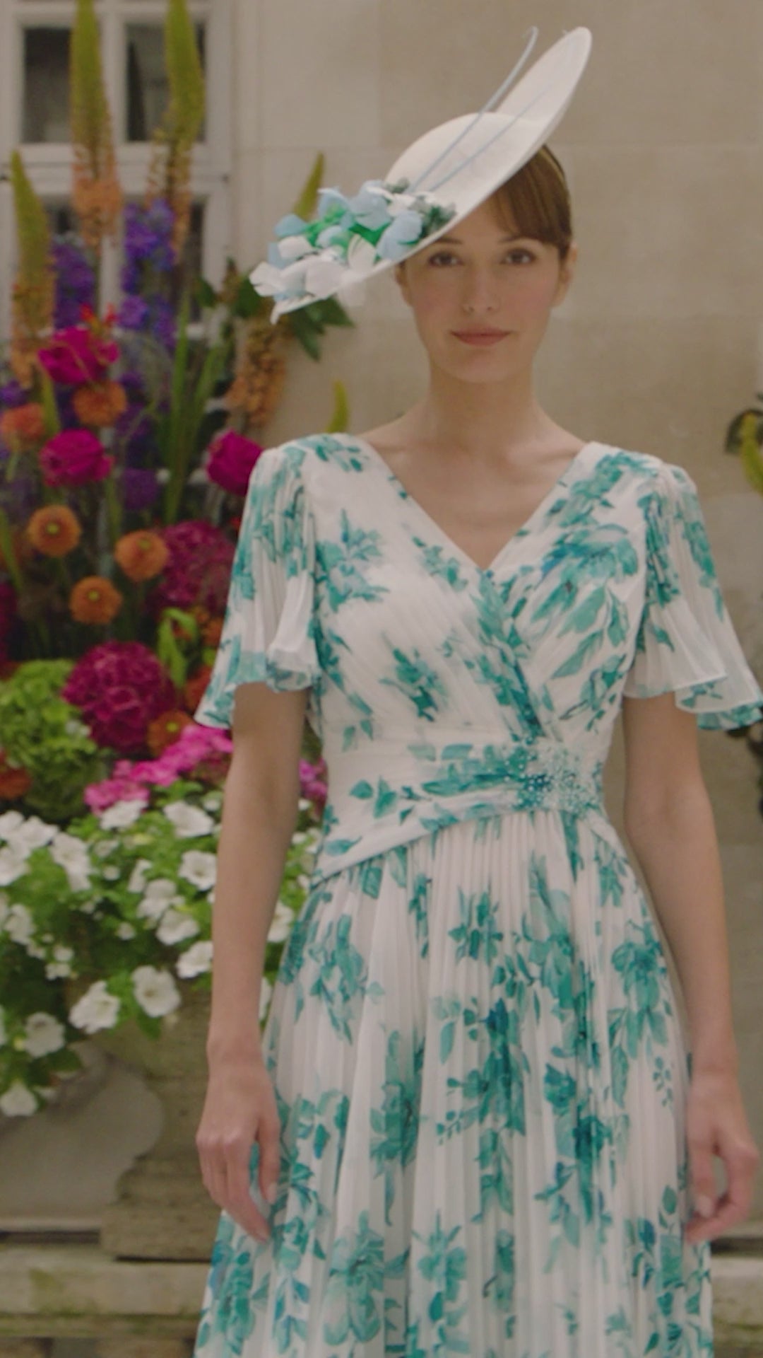 John Charles 66608BP Jade Green Camillia Floral Print Midi Occasion Dress - Rouge Boutique Inverness