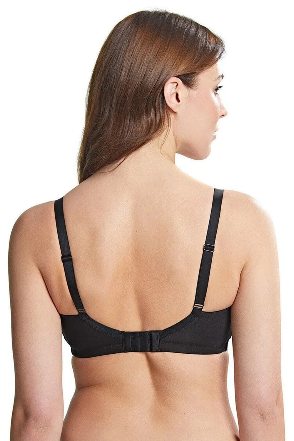 Woman wearing a black bra on a white background