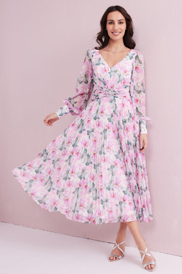 Samantha Jane Serene Pink Print Pleated Occasion Dress
