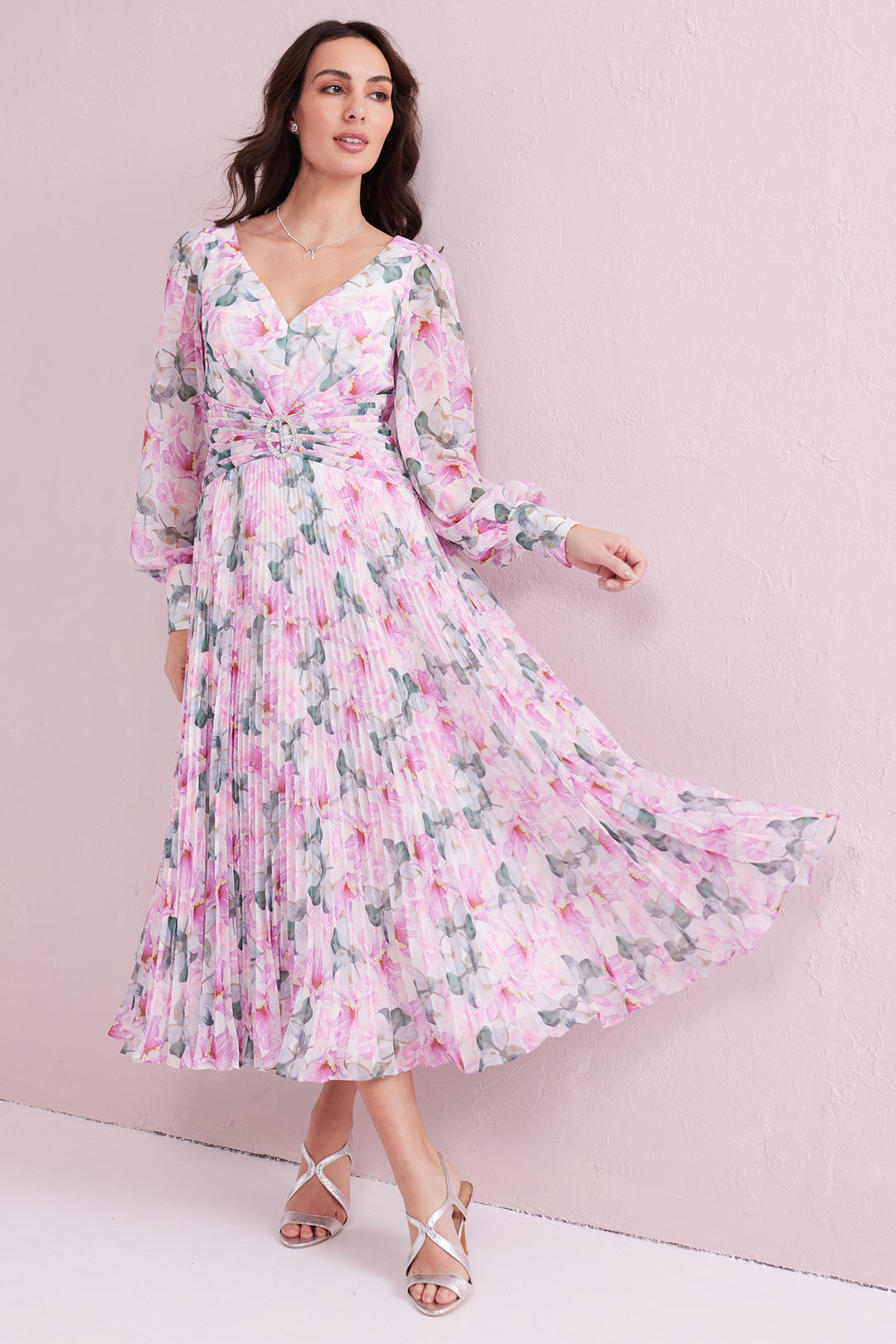 Samantha Jane Serene Pink Print Pleated Occasion Dress