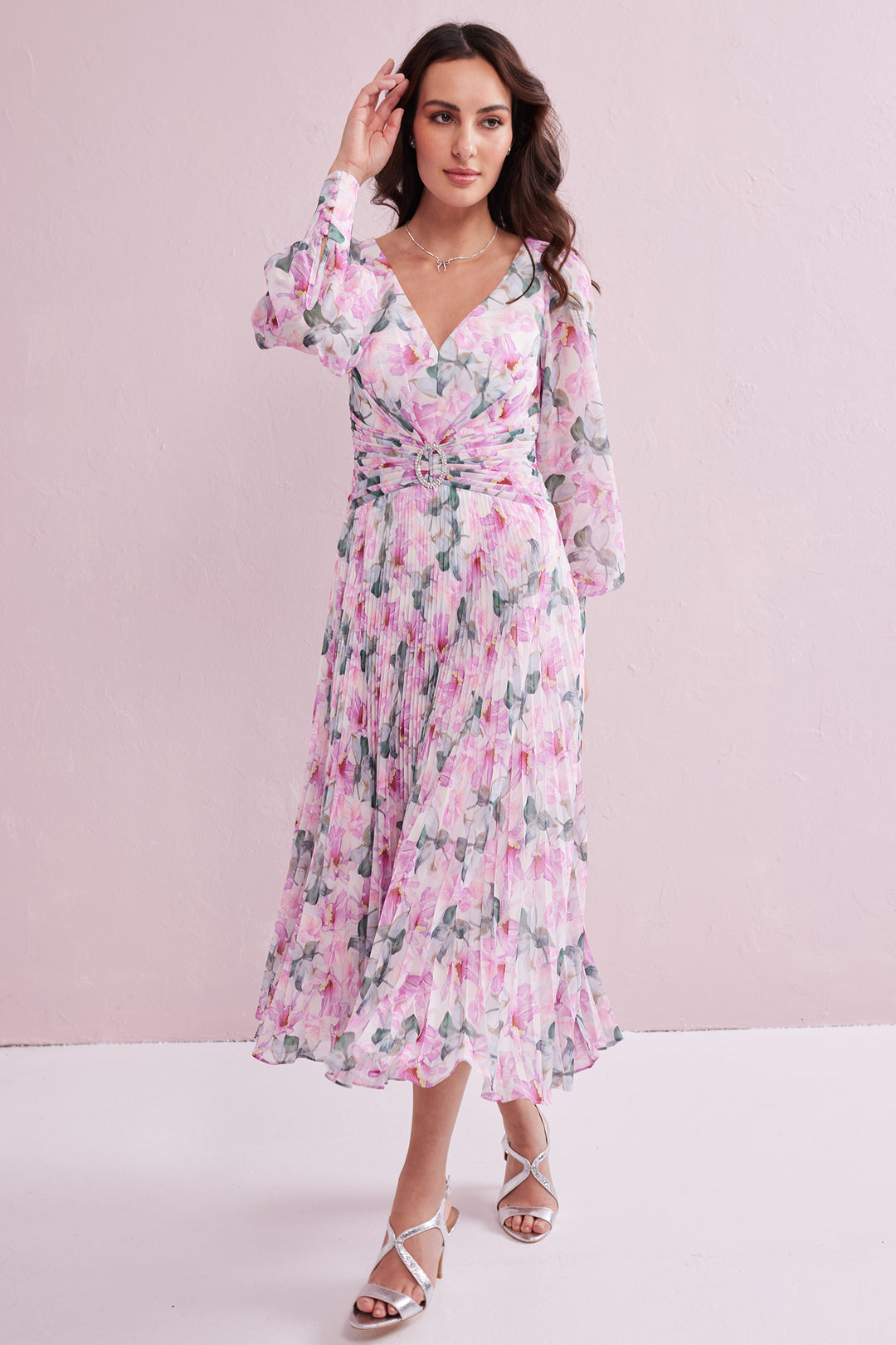 Samantha Jane Serene Pink Print Pleated Occasion Dress