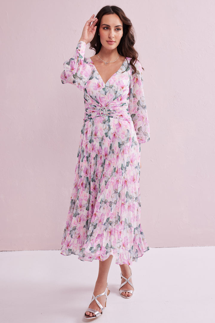 Samantha Jane Serene Pink Print Pleated Occasion Dress
