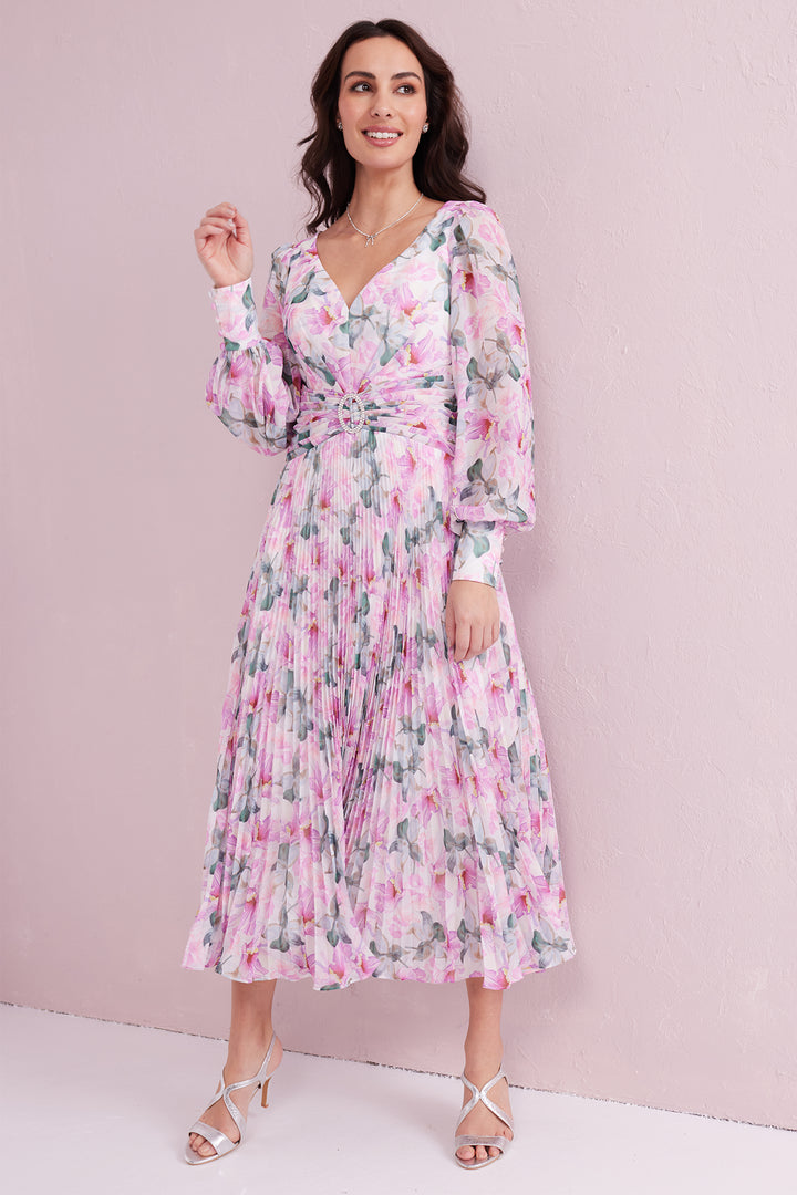 Samantha Jane Serene Pink Print Pleated Occasion Dress