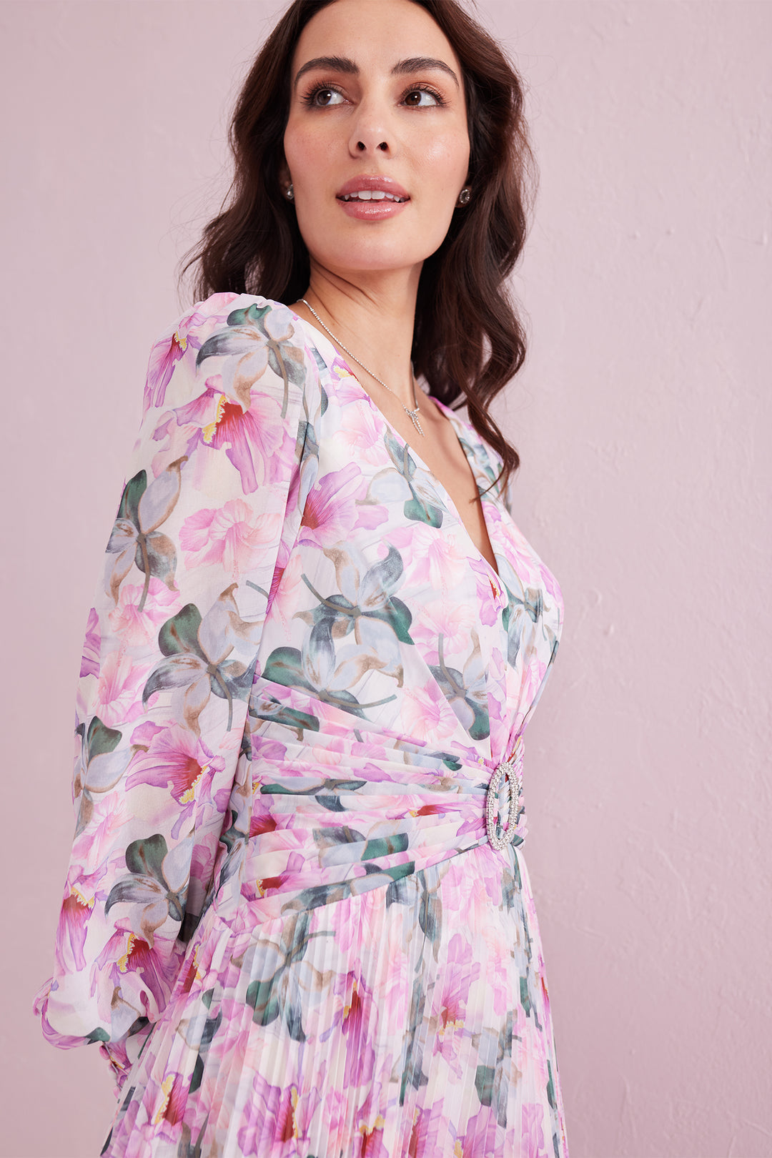 Samantha Jane Serene Pink Print Pleated Occasion Dress