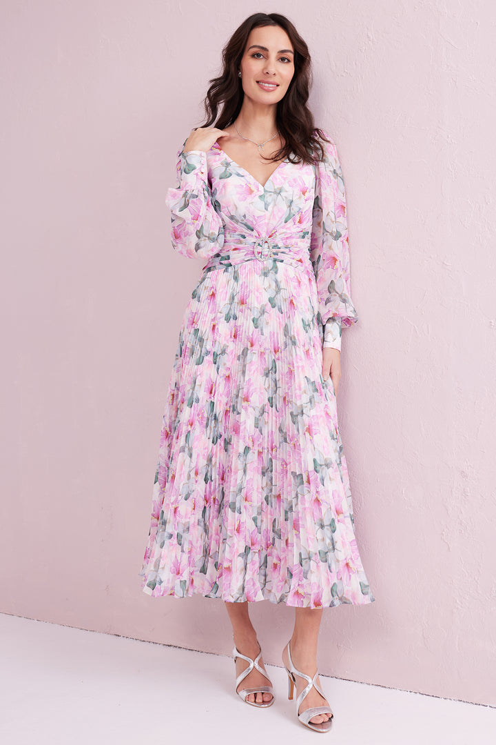 Samantha Jane Serene Pink Print Pleated Occasion Dress