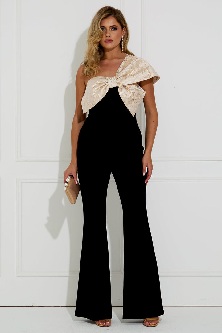 The 8th Sign Baroque Black Gold Bow Jumpsuit, front