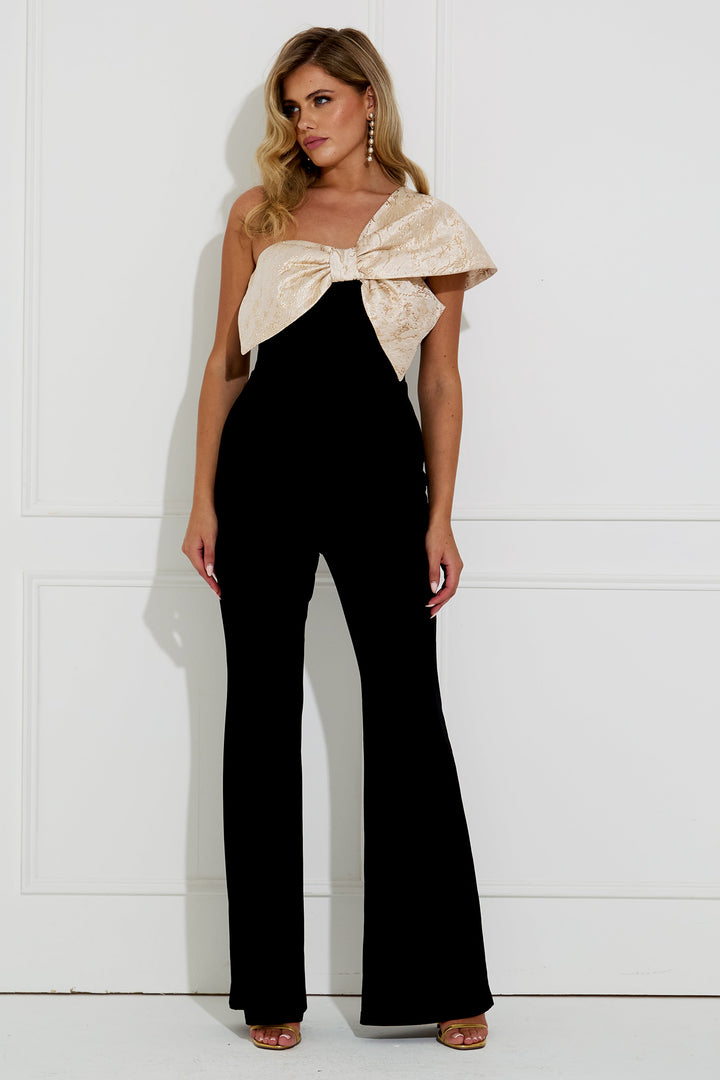 The 8th Sign Baroque Black Gold Bow Jumpsuit, front pose