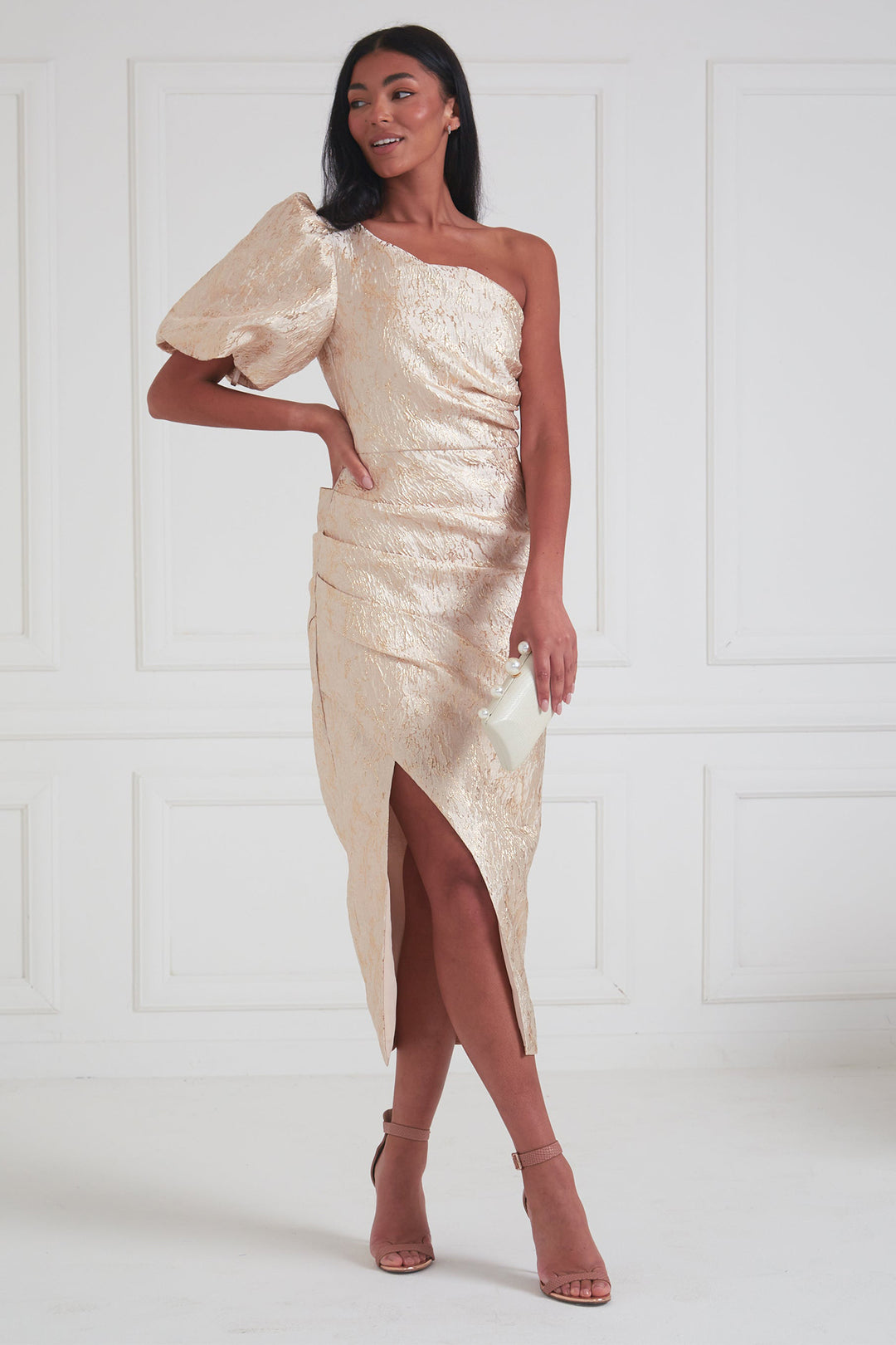 The 8th Sign Diana Gold One Shoulder Ruched Midi Dress, front